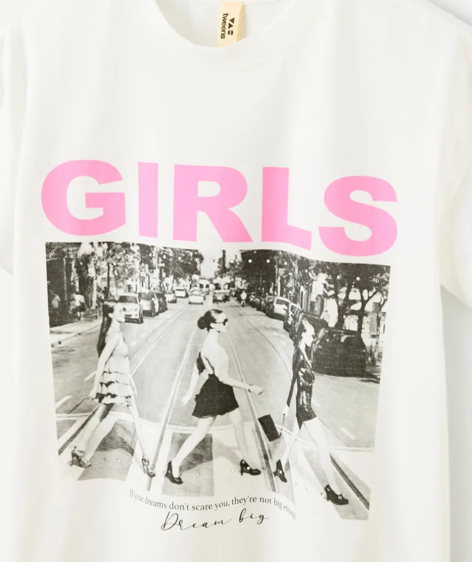T-shirt fille droit écru imprimé