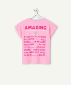 T-shirt fille droit rose imprimé