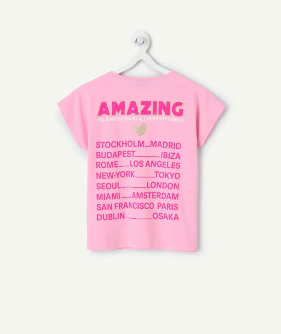 T-shirt fille droit rose imprimé