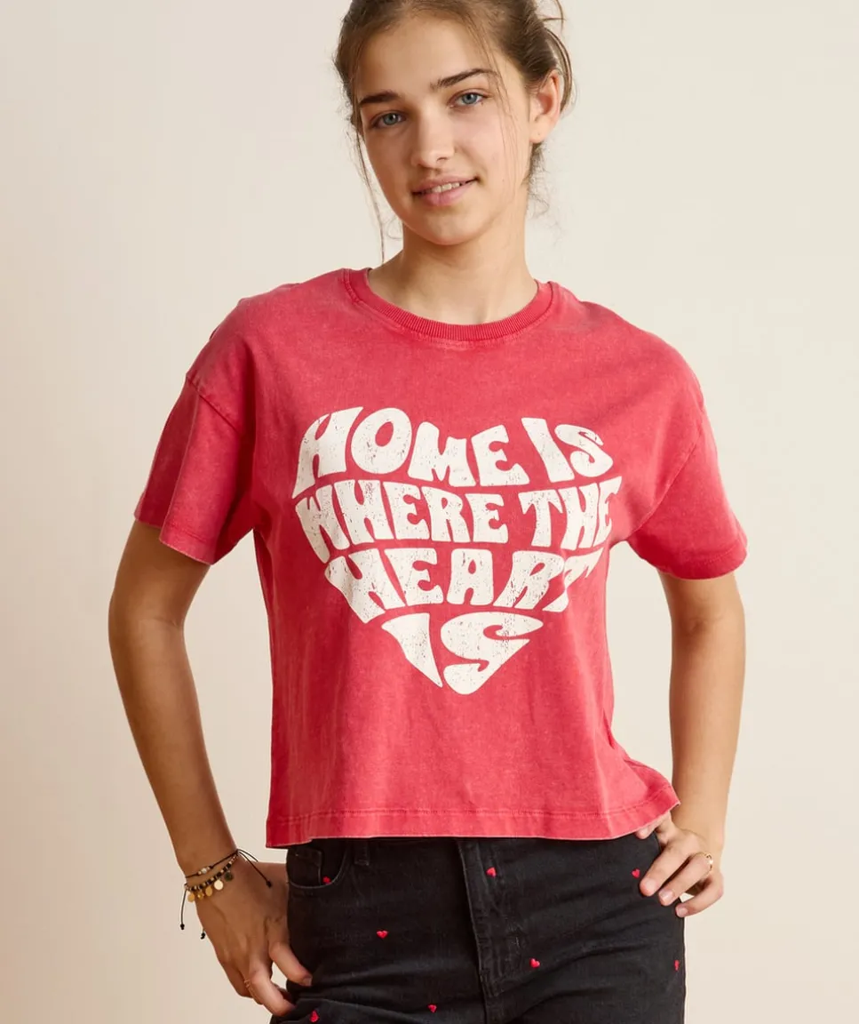 T-shirt fille droit rouge imprimé