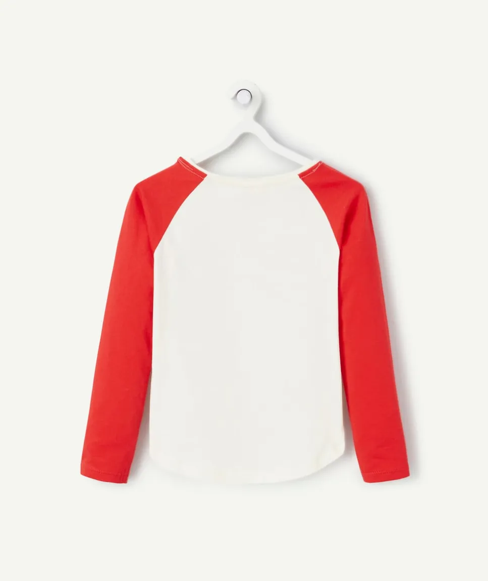 T-shirt fille en coton bio écru et rouge avec message pailleté