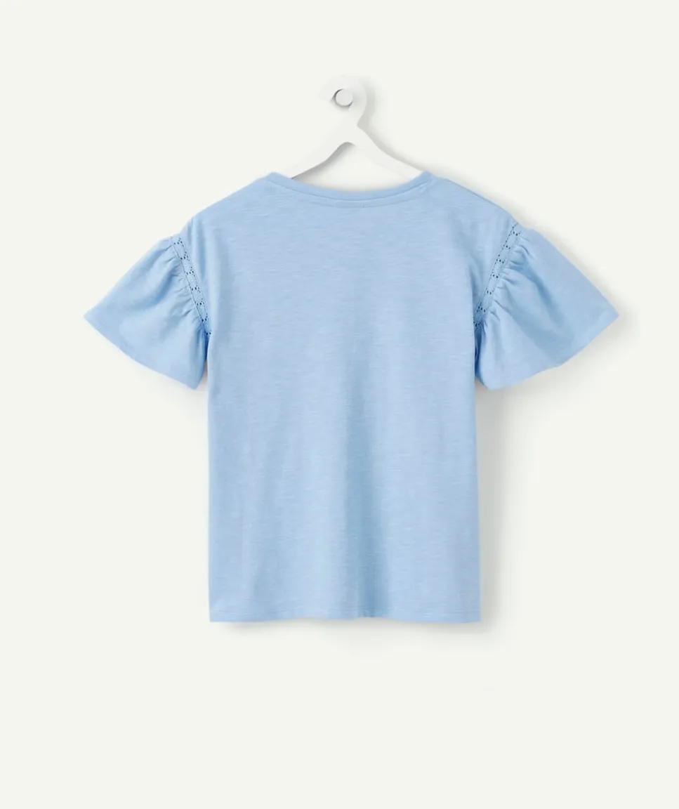 T-shirt fille en coton bleu à manches bouffantes