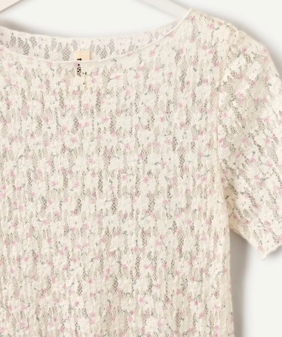 T-shirt fille en dentelle écru imprimé