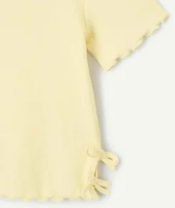 T-shirt fille jaune détails nœuds côtelé