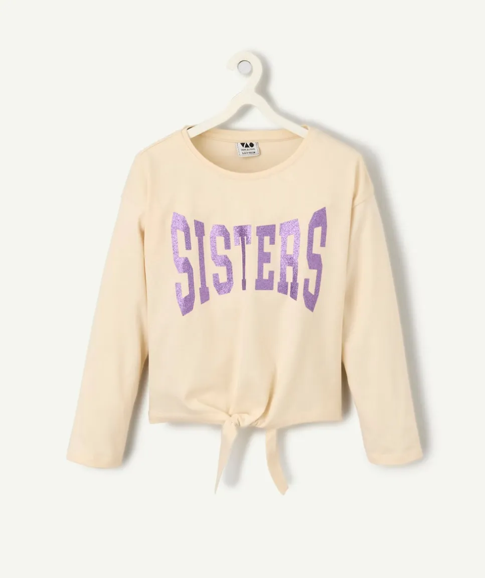 T-shirt fille manches longues avec noeud et écriture "sisters"
