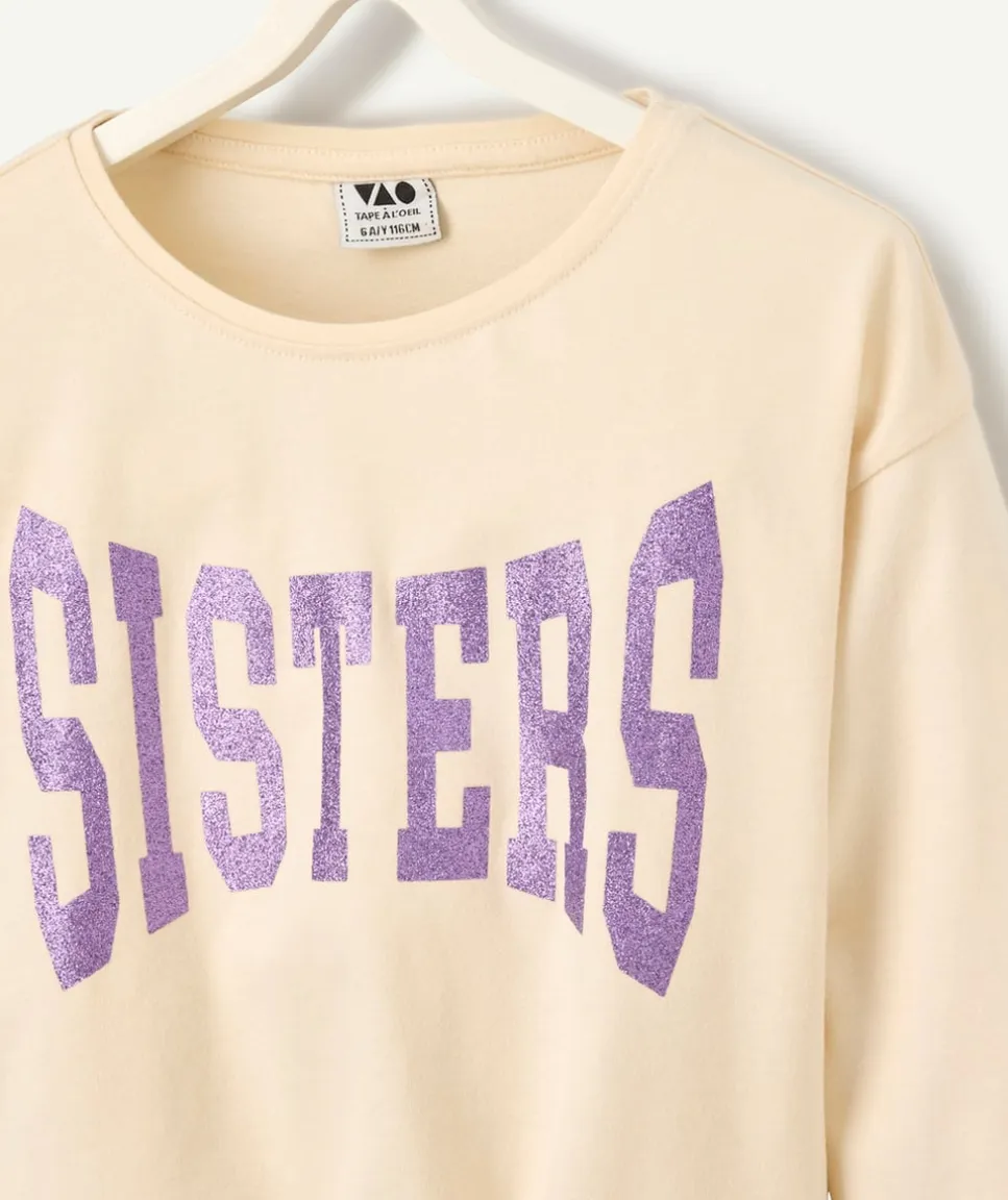 T-shirt fille manches longues avec noeud et écriture "sisters"