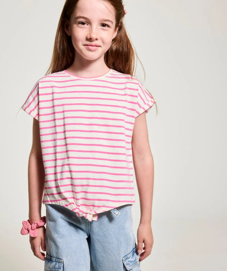 T-shirt fille rayé rose avec nœud