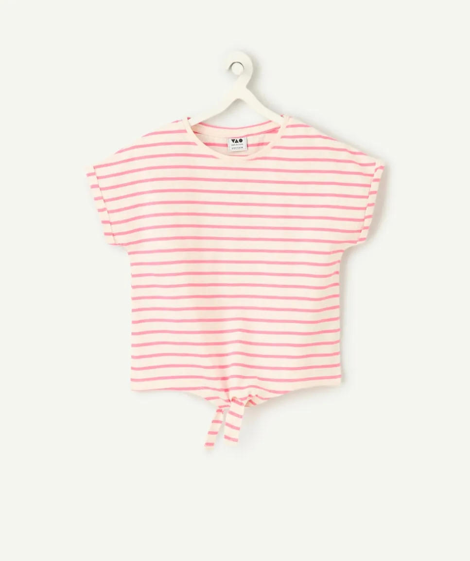 T-shirt fille rayé rose avec nœud