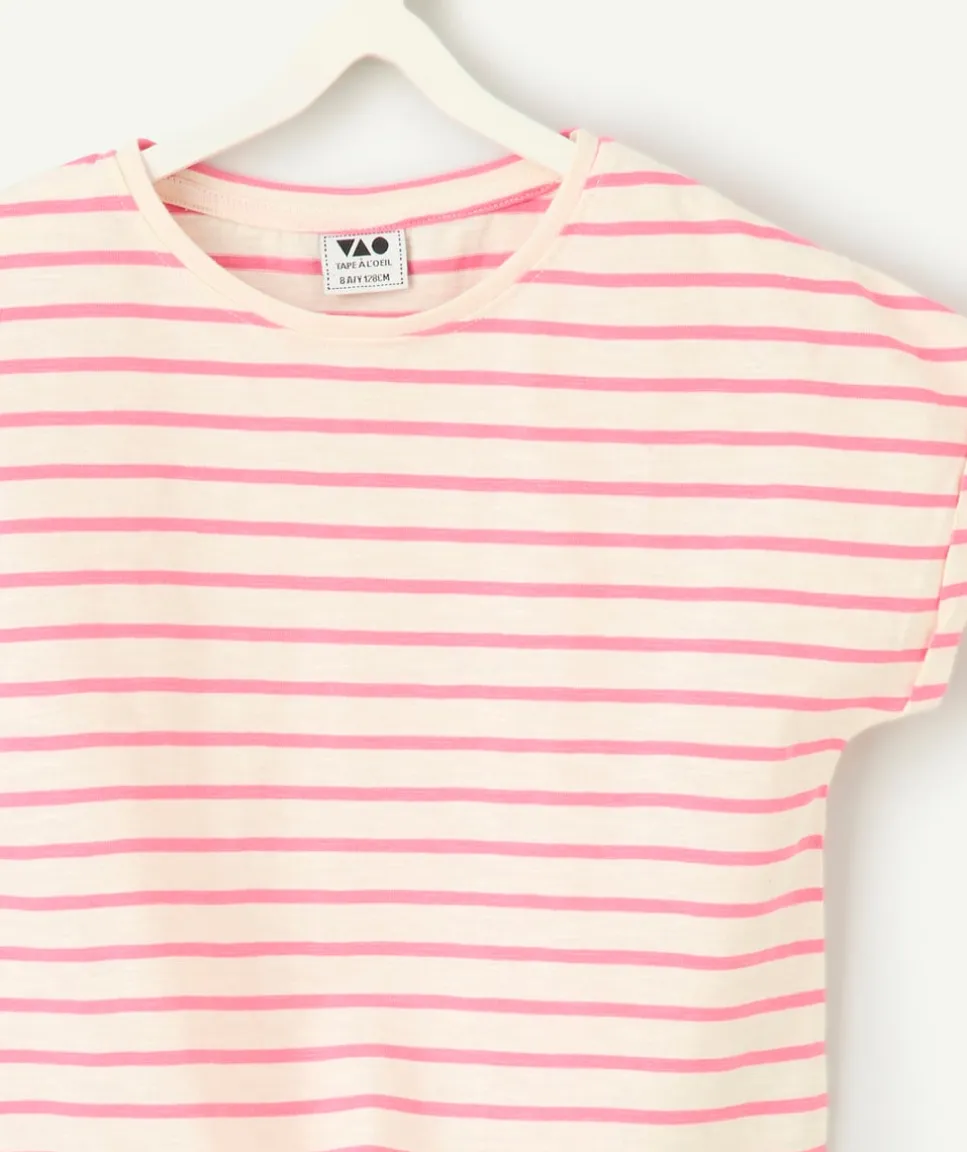 T-shirt fille rayé rose avec nœud