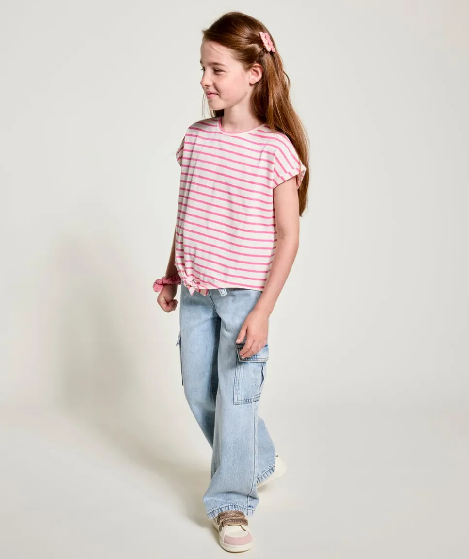 T-shirt fille rayé rose avec nœud