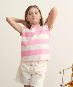 T-shirt fille rayé rose et blanc