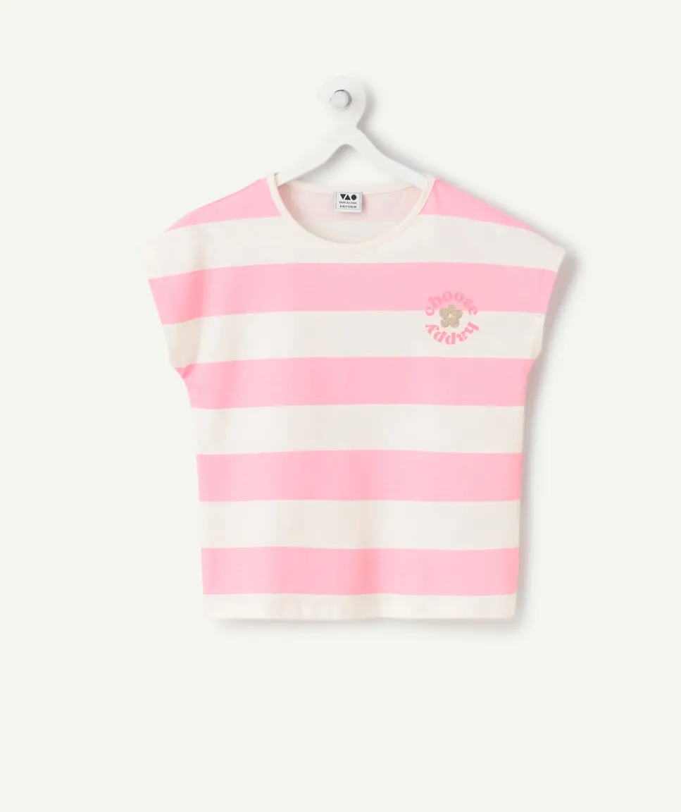 T-shirt fille rayé rose et blanc
