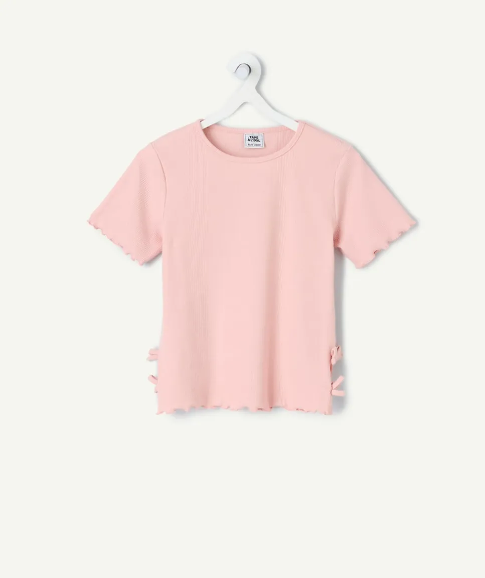 T-shirt fille rose détails nœuds côtelé