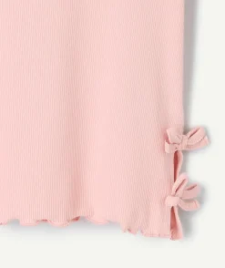T-shirt fille rose détails nœuds côtelé