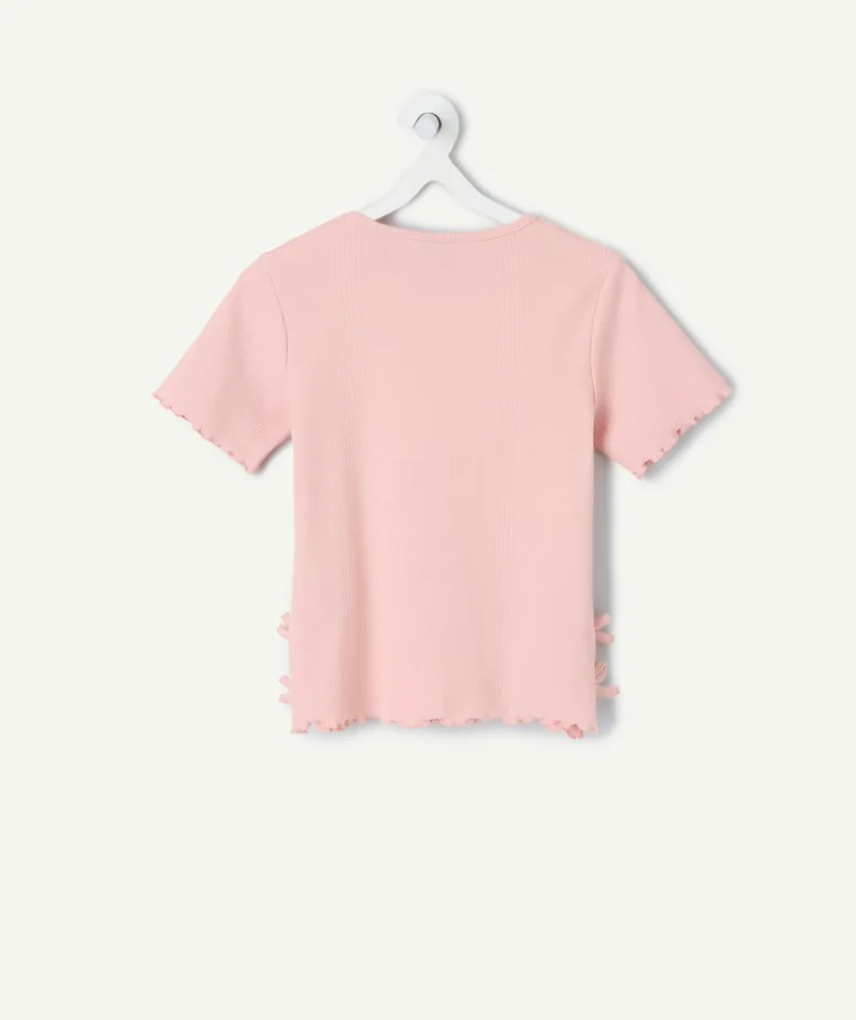 T-shirt fille rose détails nœuds côtelé