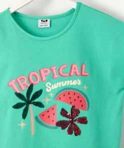 T-shirt fille vert imprimé tropical