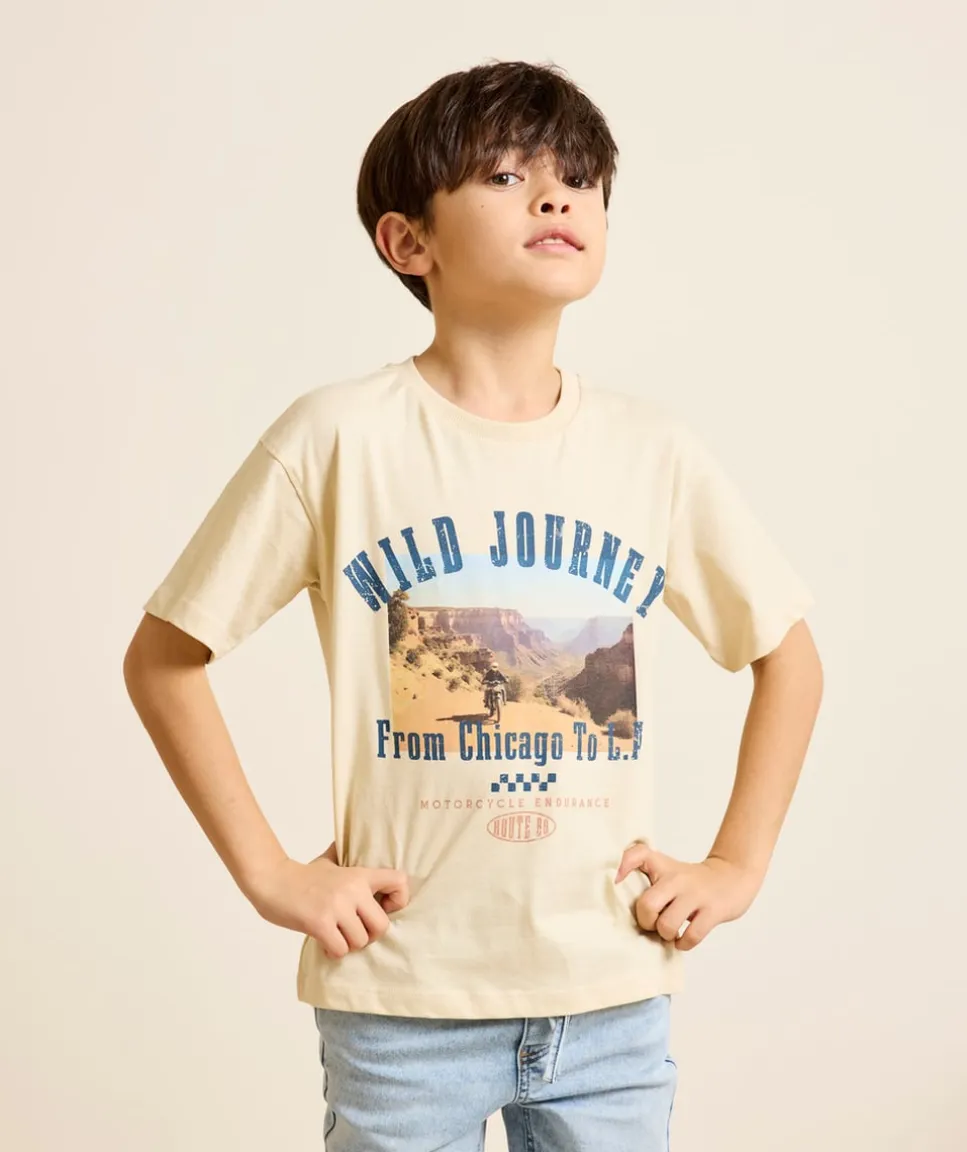 T-shirt garçon coton beige imprimé
