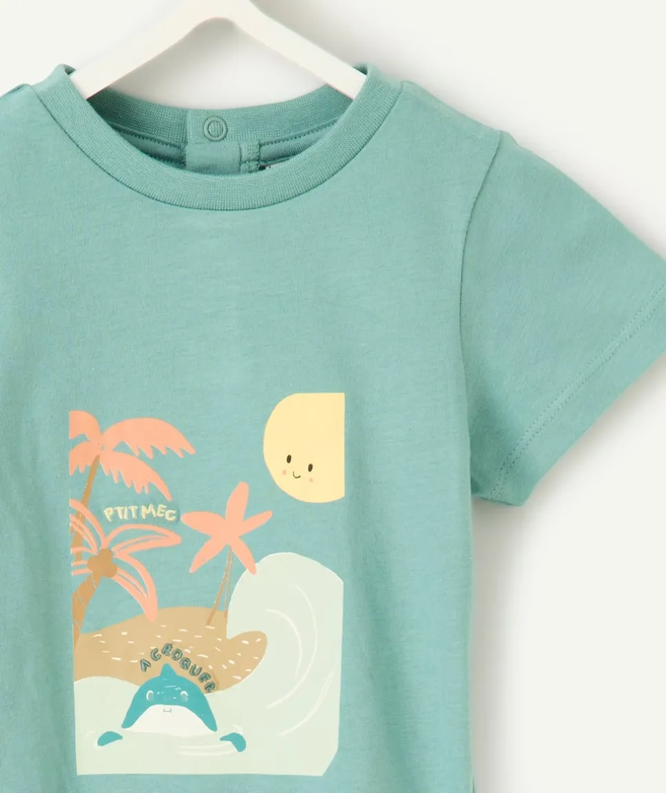 T-shirt garçon vert imprimé plage