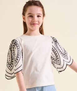T-shirt manches brodées blanc fille