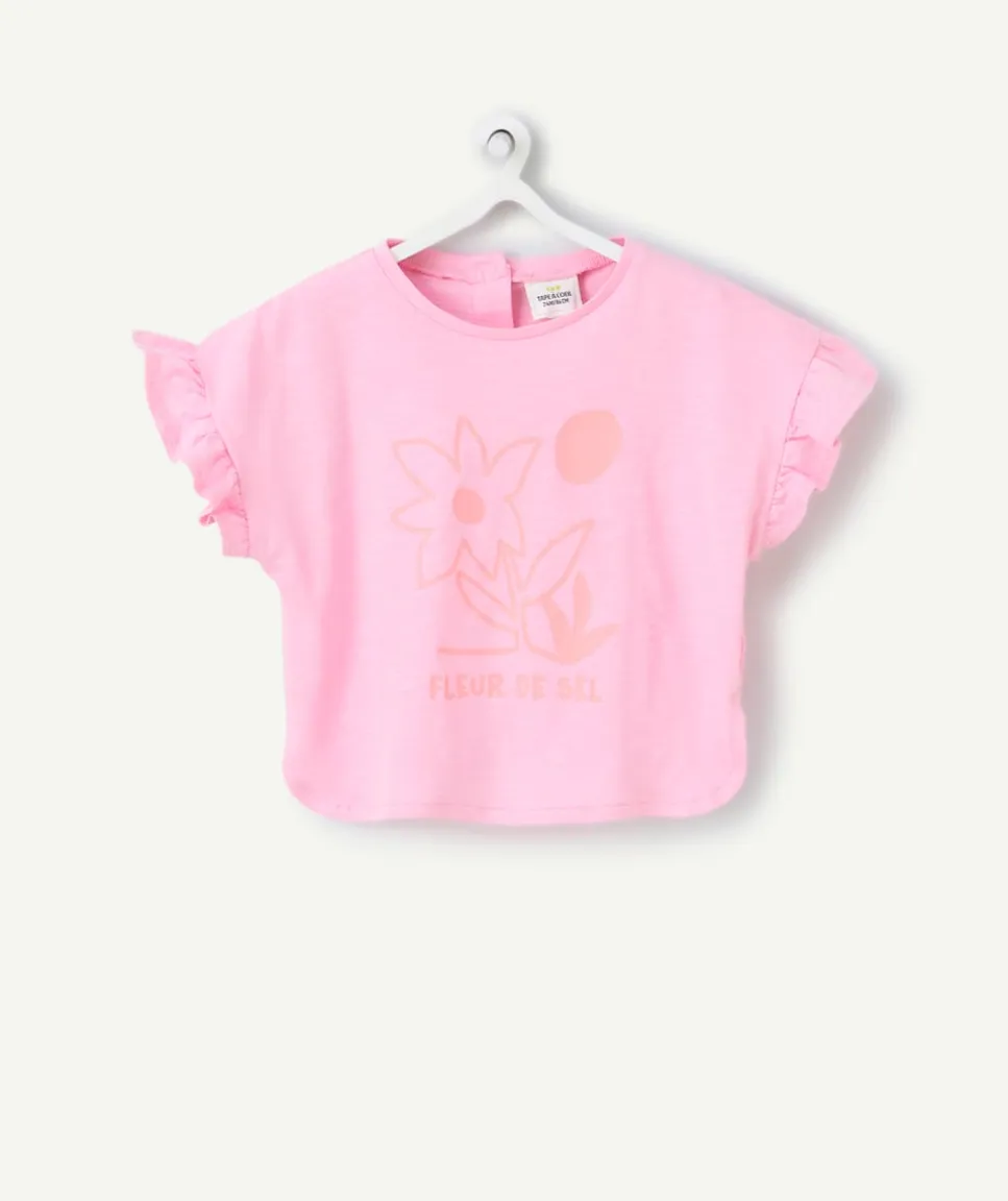 T-shirt manches courtes bébé fille en coton bio rose motif corail fleur