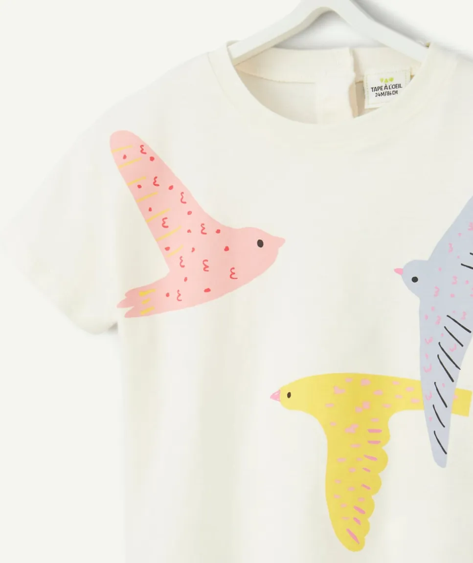 T-shirt manches courtes bébé fille en coton bio écru motif oiseaux