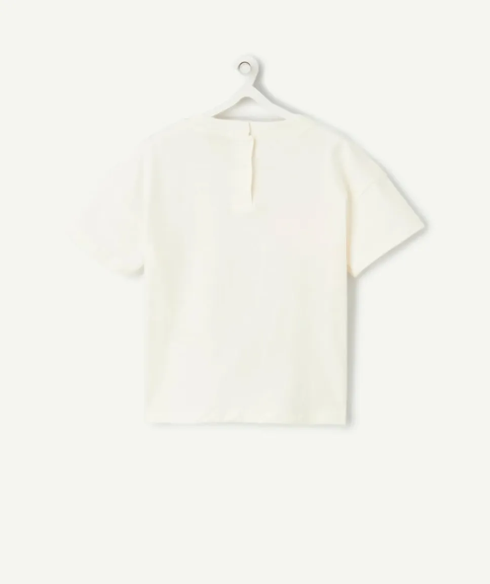 T-shirt manches courtes bébé fille en coton bio écru motif oiseaux