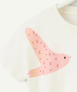 T-shirt manches courtes bébé fille en coton bio écru motif oiseaux