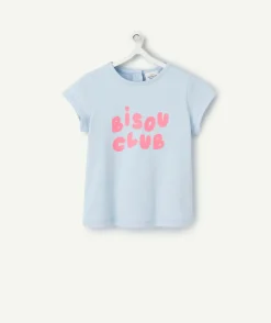 T-shirt manches courtes bébé fille en coton bio bleu ciel bisou club