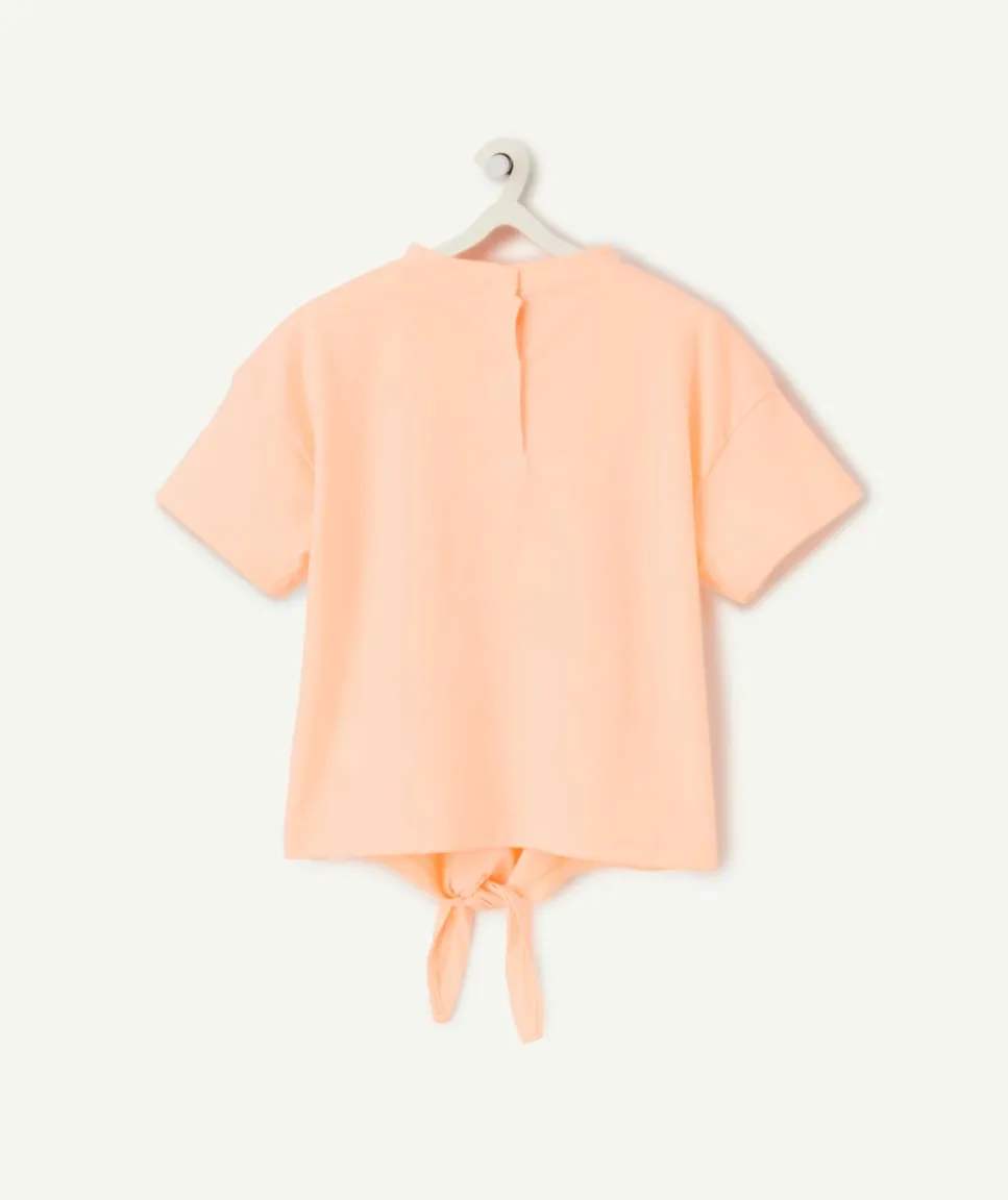 T-shirt manches courtes bébé fille orange fluo avec petit nœud