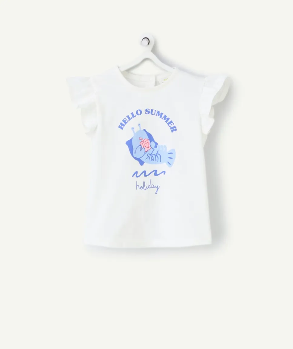 T-shirt manches courtes bébé fille en coton bio blanc motif crevette