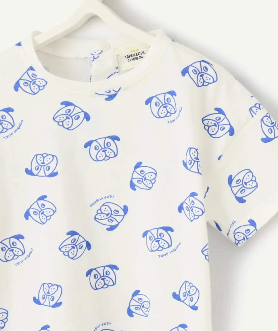 T-shirt manches courtes bébé garçon en coton bio blanc imprimé tête de chiens