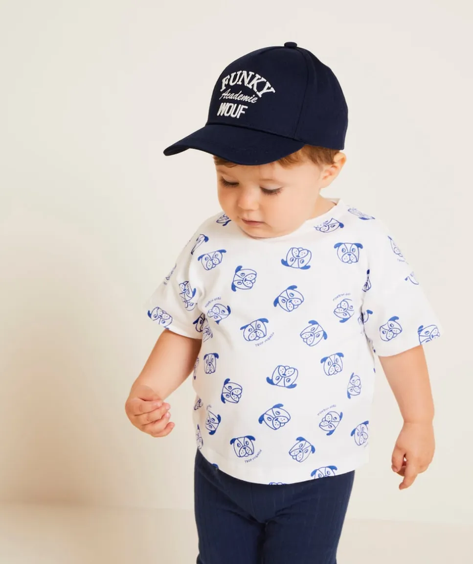 T-shirt manches courtes bébé garçon en coton bio blanc imprimé tête de chiens