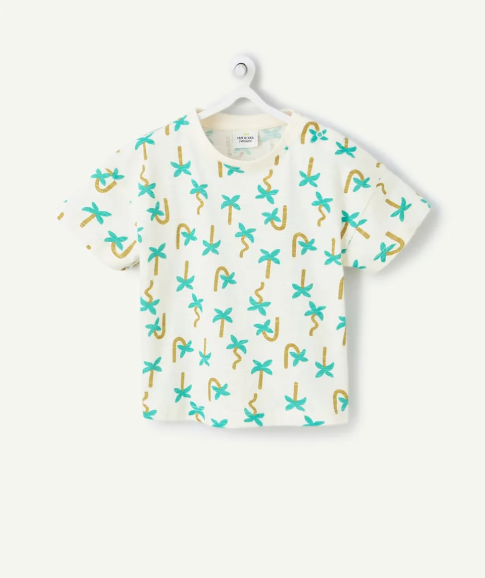 T-shirt manches courtes bébé garçon en coton bio écru imprimé palmier