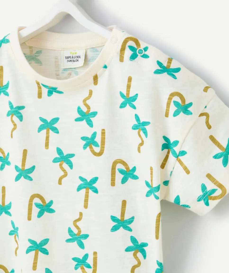 T-shirt manches courtes bébé garçon en coton bio écru imprimé palmier