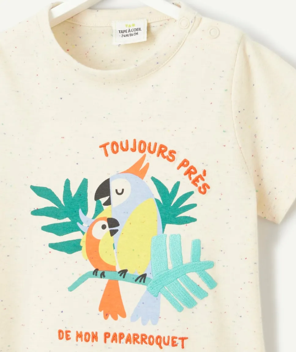 T-shirt manches courtes bébé garçon beige imprimé mouchetés de couleurs et motif oiseaux
