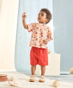 T-shirt manches courtes bébé garçon en coton bio imprimé coloré rouge orange et jaune
