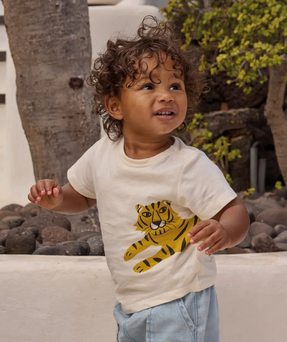 T-shirt manches courtes bébé garçon en coton bio écru avec motif tigre