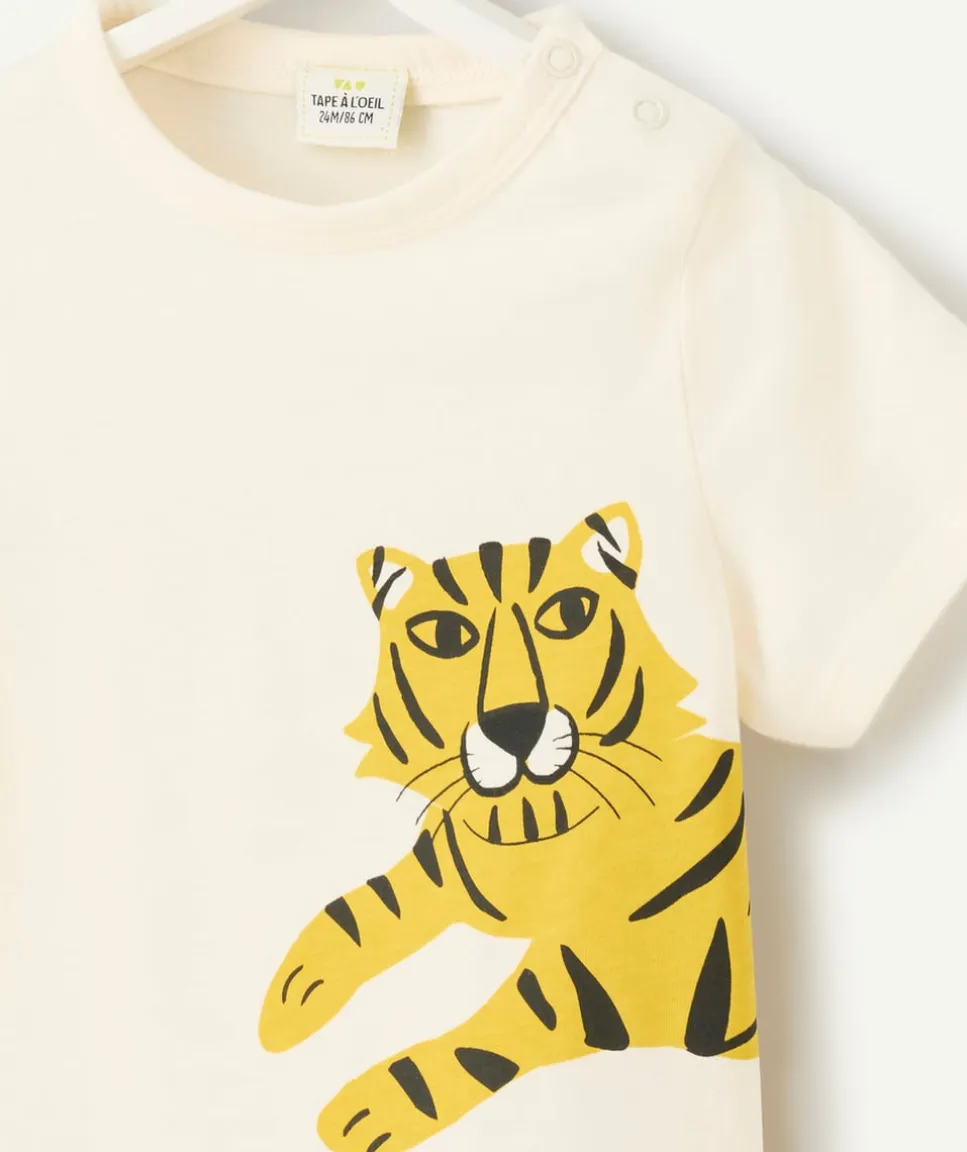 T-shirt manches courtes bébé garçon en coton bio écru avec motif tigre
