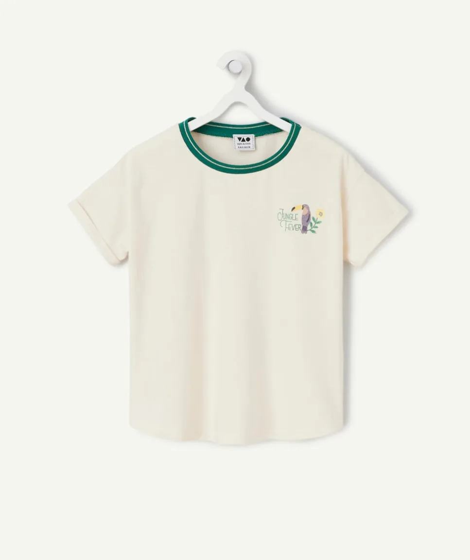 T-shirt à manches courtes écru pour fille détail vert thème jungle