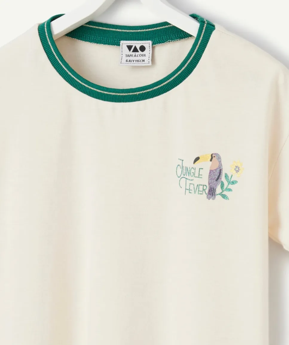 T-shirt à manches courtes écru pour fille détail vert thème jungle
