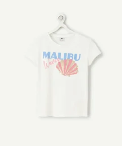 T-shirt manches courtes fille en coton bio blanc motif malibu