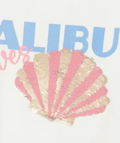 T-shirt manches courtes fille en coton bio blanc motif malibu