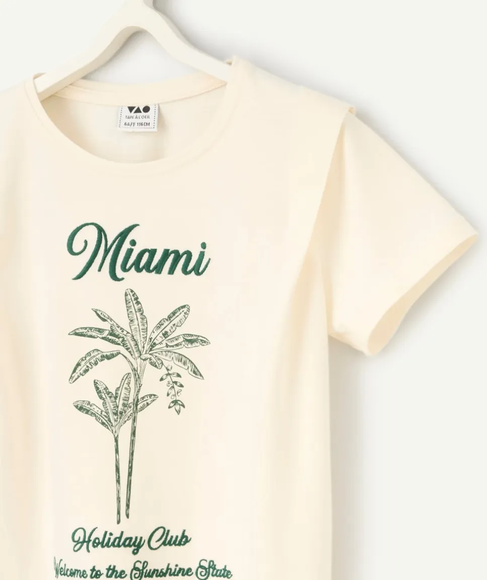 T-shirt manches courtes fille en coton bio écru imprimé miami