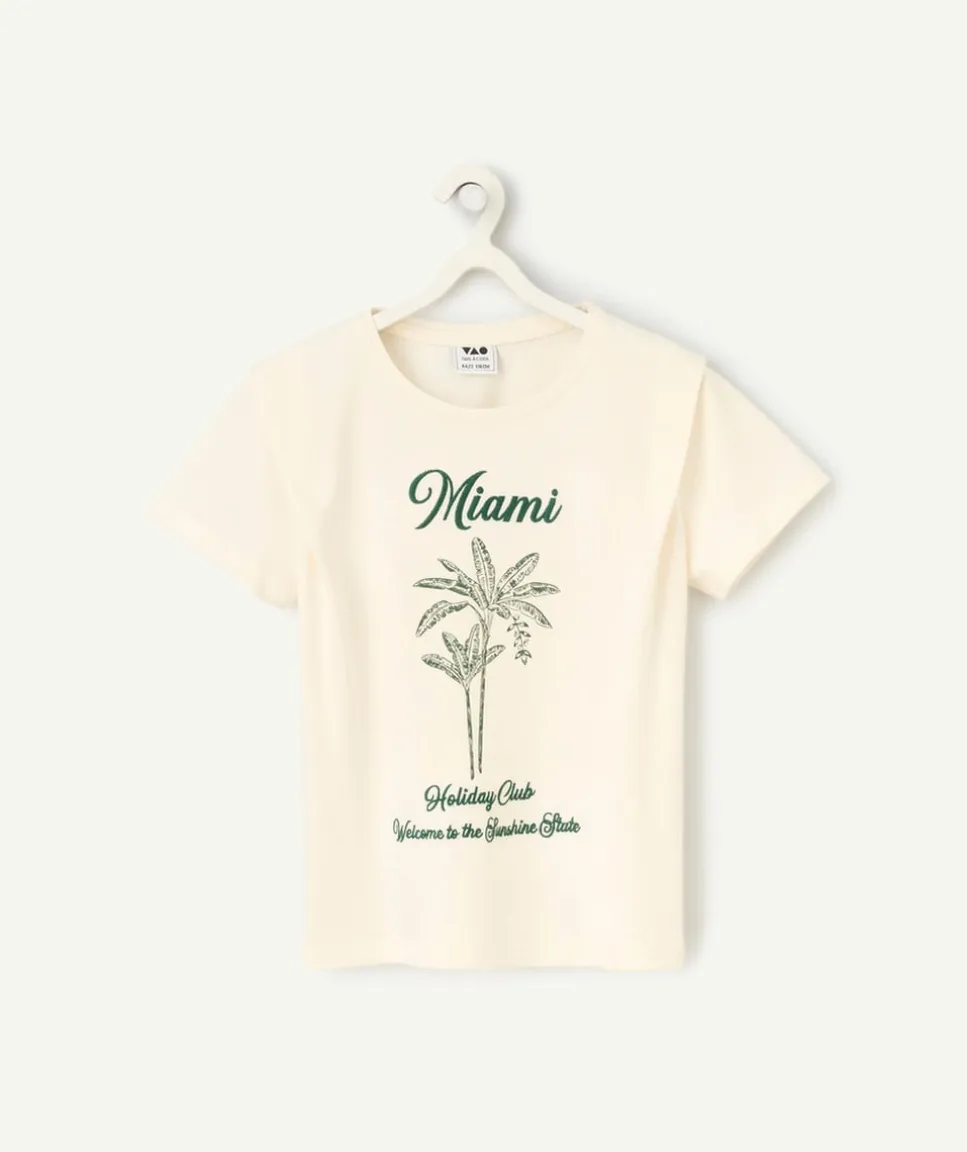 T-shirt manches courtes fille en coton bio écru imprimé miami