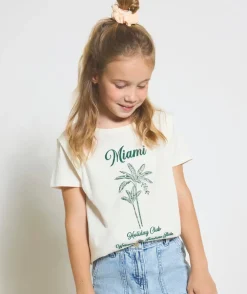 T-shirt manches courtes fille en coton bio écru imprimé miami