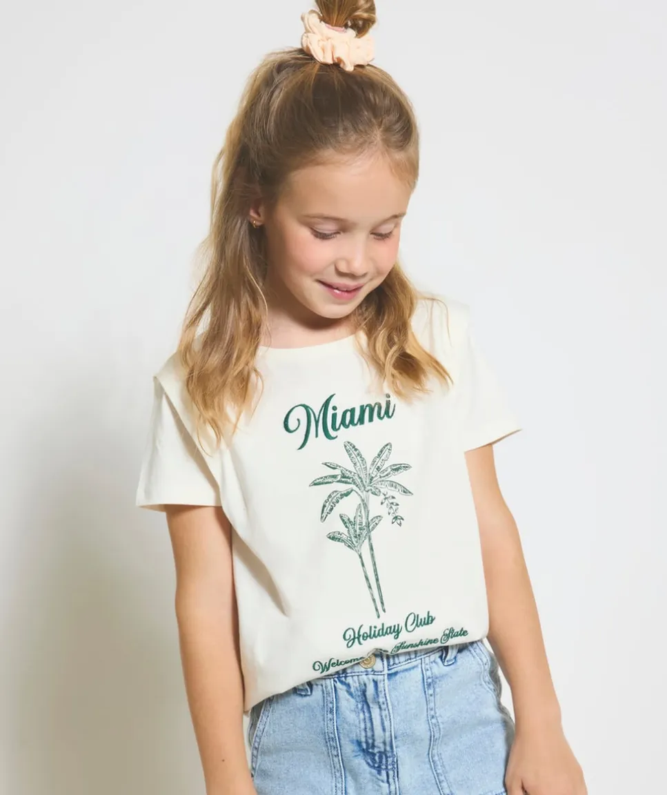 T-shirt manches courtes fille en coton bio écru imprimé miami