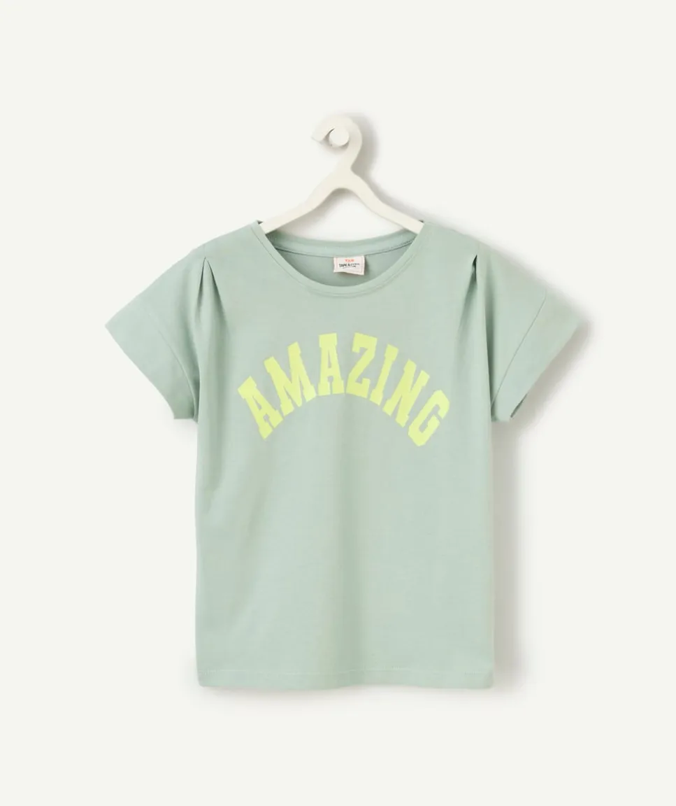 T-shirt manches courtes fille en coton bio vert avec message amazing
