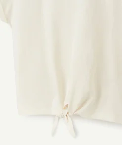 T-shirt manches courtes fille en coton bio écru avec noeud