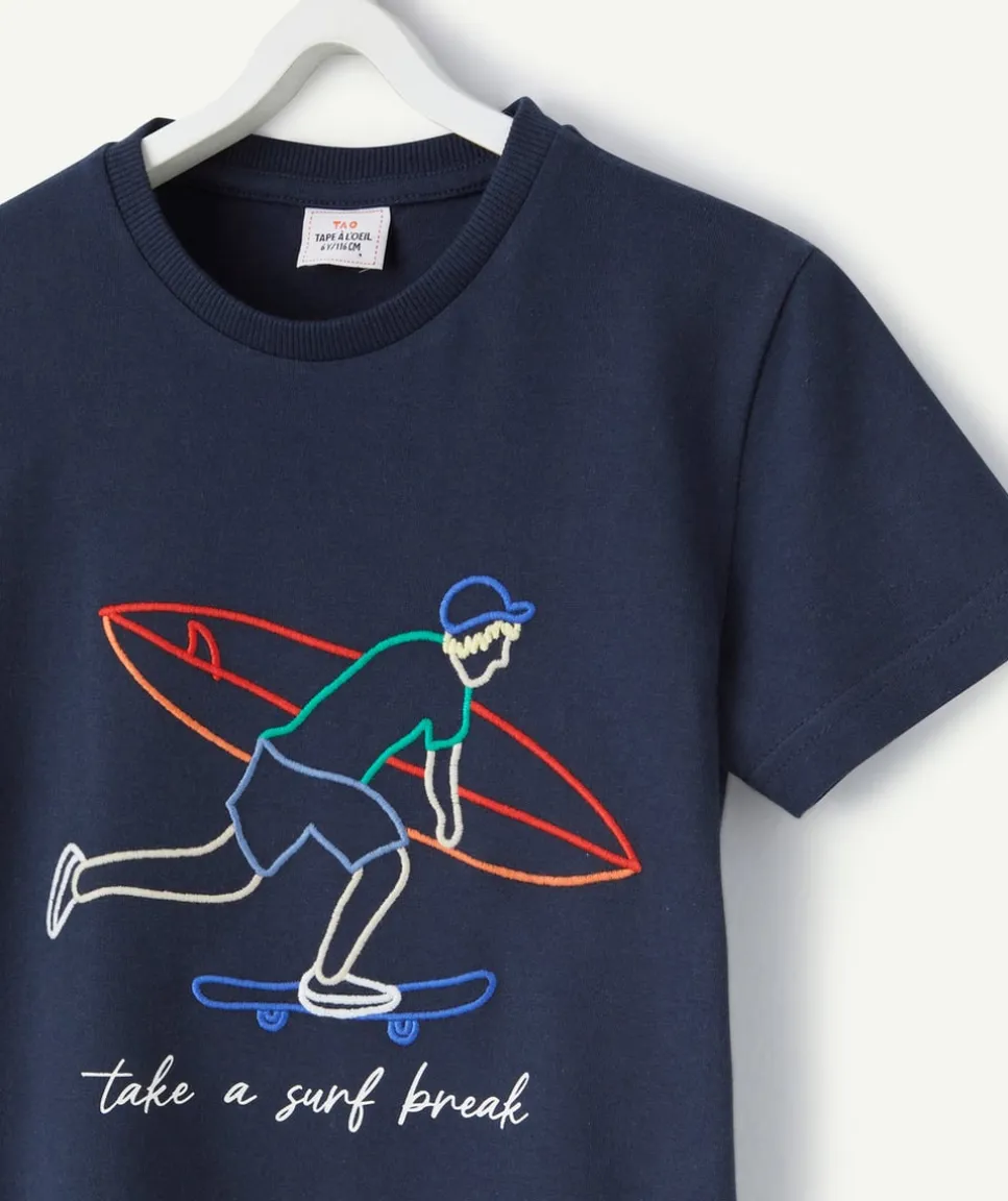 T-shirt manches courtes garçon en coton bio avec broderies surfeur