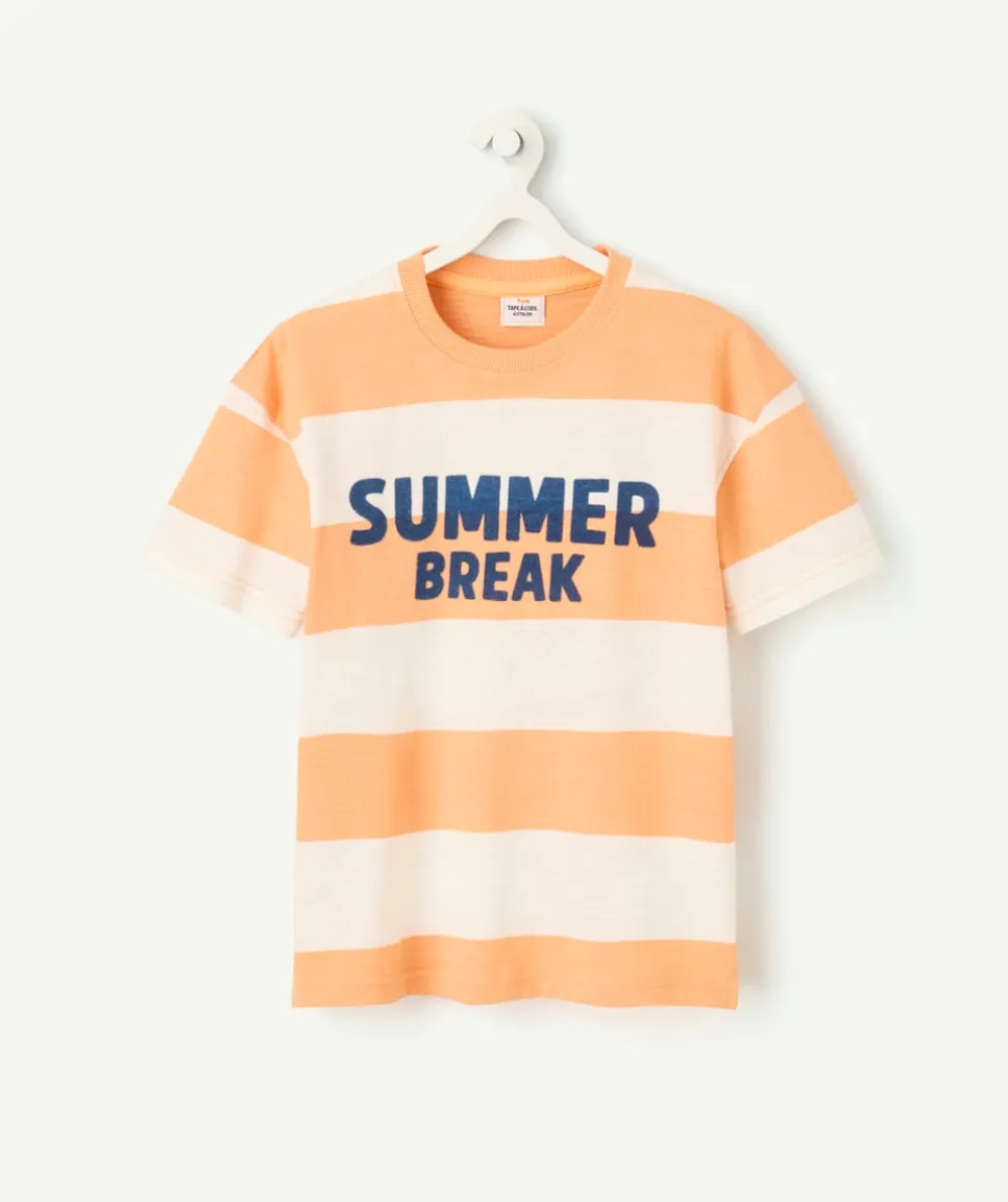 T-shirt manches courtes garçon en coton bio rayé orange et écru message summer